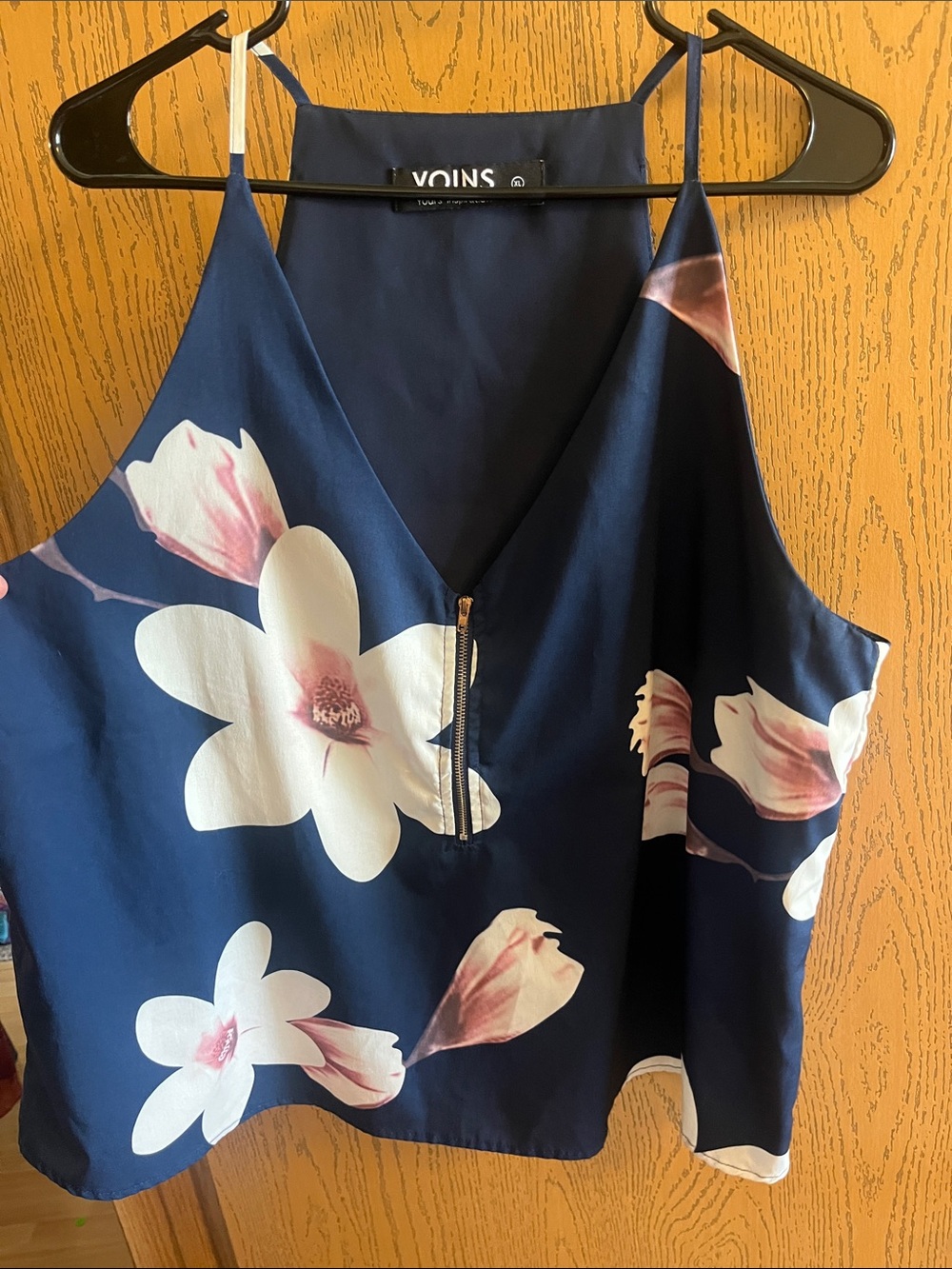 YOINS Navy Floral Zip-Front Cami Top with Blush Accents